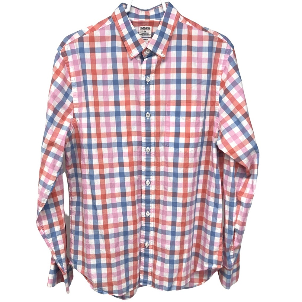 Bonobos Shirt M Standard Fit Blue, Red, Pink and White Plaid 100% Cotton